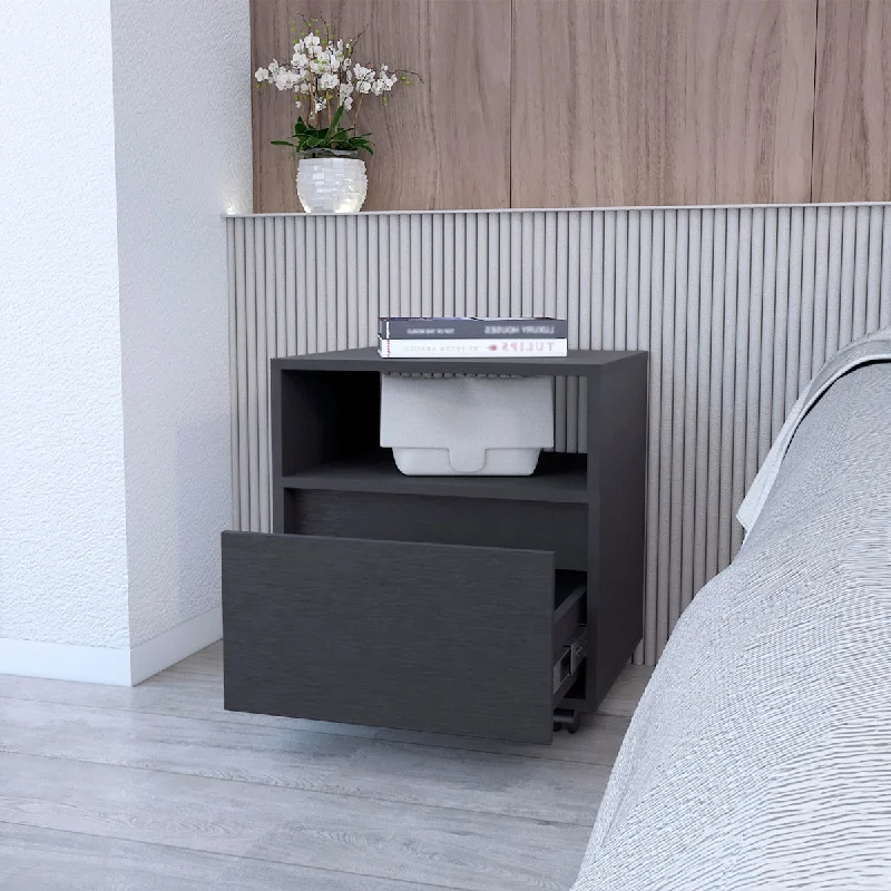 Compact and Stylish Black Nightstand with Durable Construction and Four Caster Wheels