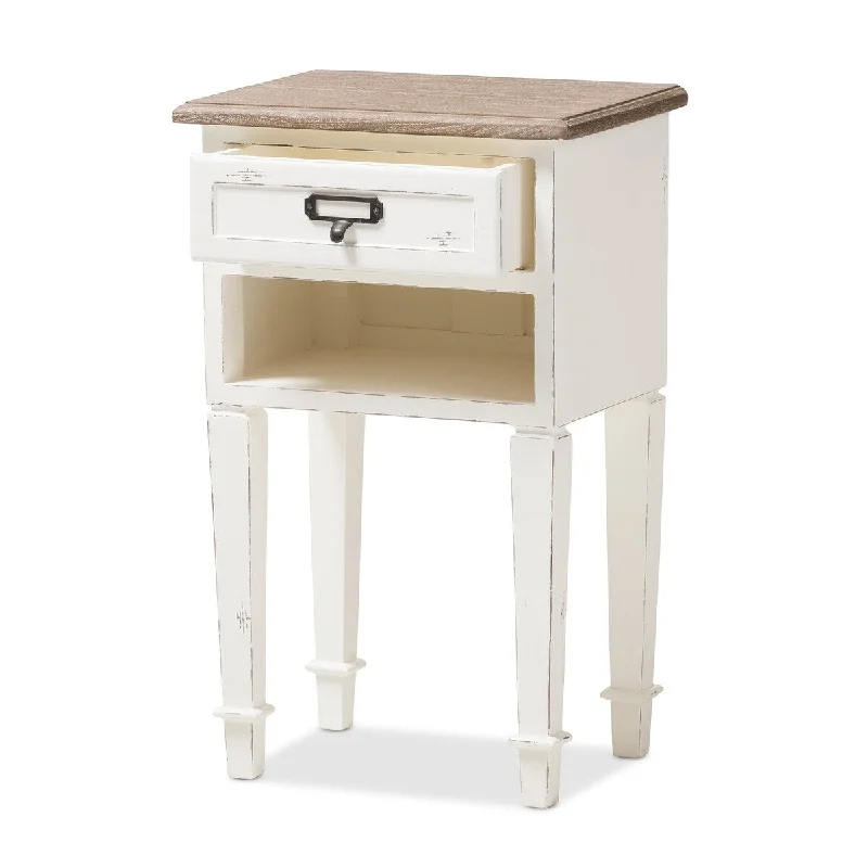 Dauphine Provincial Style Weathered Oak and White Wash Distressed Finish Wood Nightstand