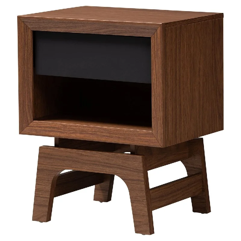 Mid-Century Modern Walnut Brown and Dark Gray Wooden Single Drawer nightstand/Locker for Storage of Headphones