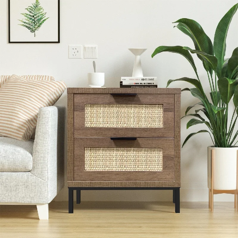 Natural Rattan Nightstand With 2 Drawer