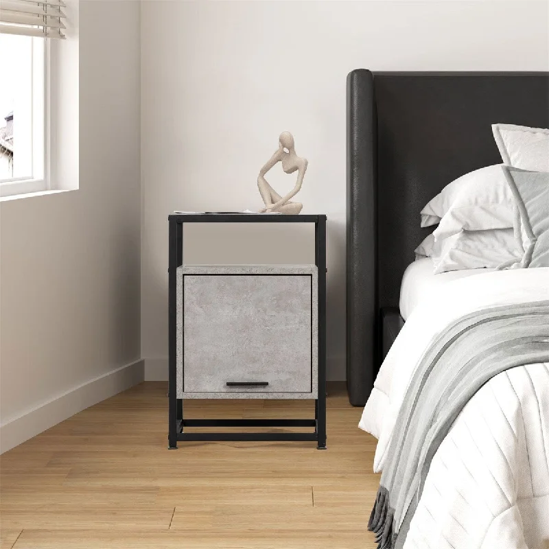 Tempered Glass Nightstand with Metal Frame Concealed Cabinet