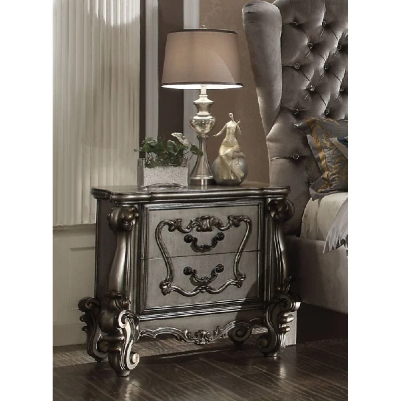 Versailles Nightstand in Antique Platinum, Vintage Traditional Style, 2 Drawers, Wood, Antique Contrast Finish