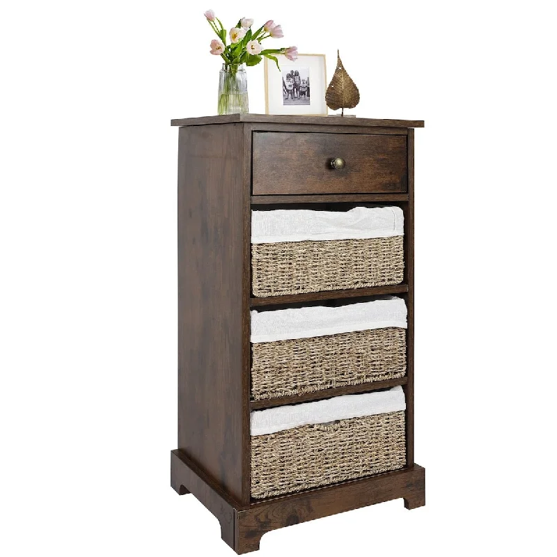 Cabinet with 6 Chests Drawers, 15.74 * 13 * 31.88 in Wicker Cabinet with Wood Top Rustic Storage, Tower Natural 3 Wicker Drawer