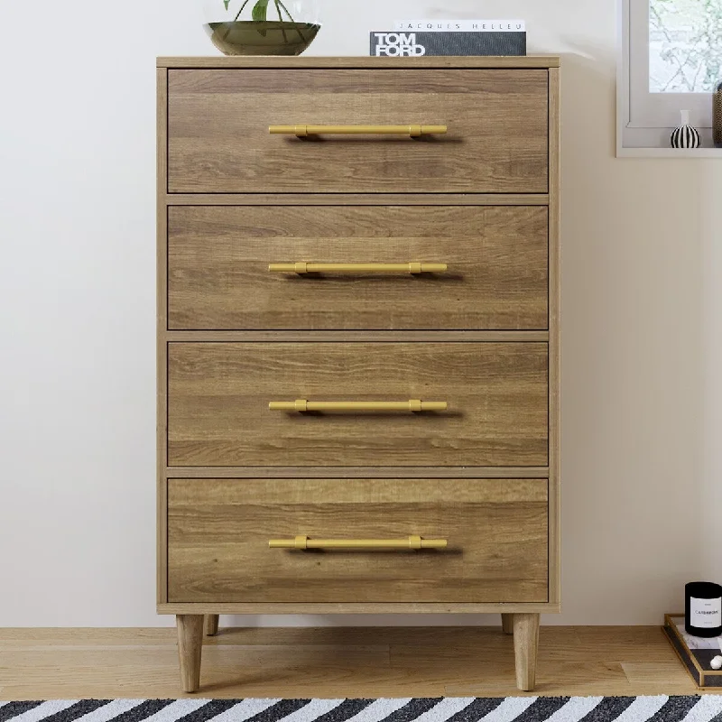 Natural Walnut 4-Drawer Chest - Golden Knobs, Tapered Legs, Mid-Century Modern Clothing Organizer